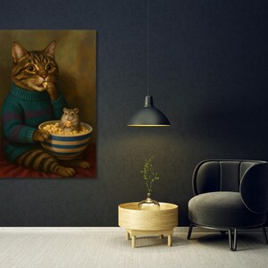 Cat wearing sweater sharing popcorn with mouse – cozy fine art print
