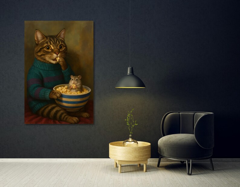 Cat wearing sweater sharing popcorn with mouse – cozy fine art print