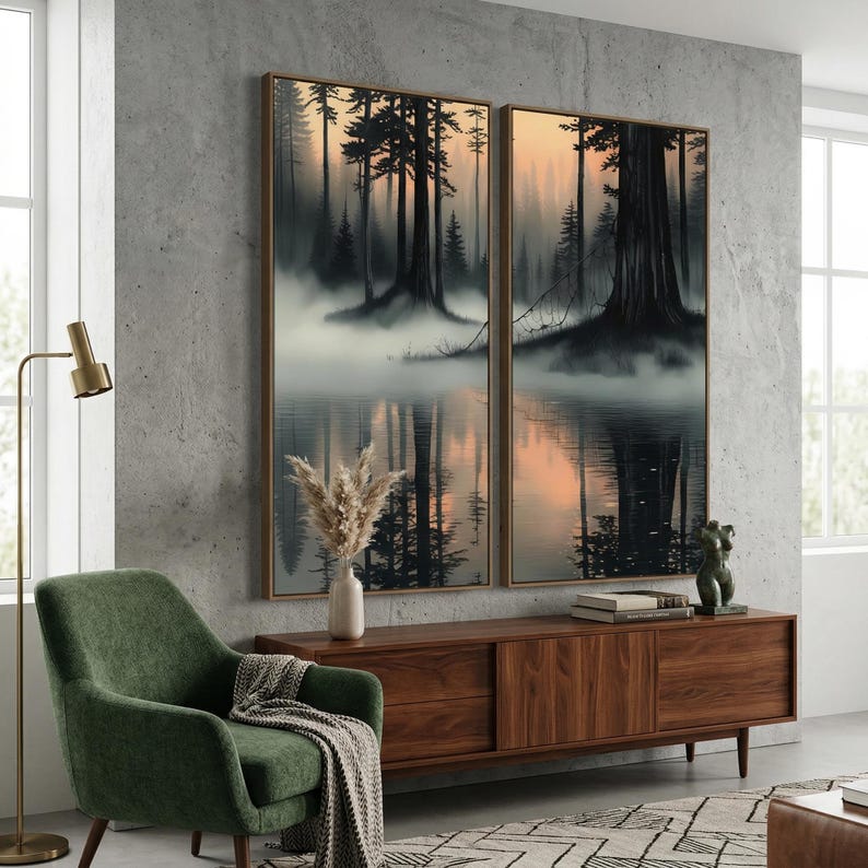Misty Forest Lake Diptych Wall Art Print Canvas Set, Foggy Pine Tree ...