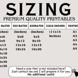 May include: A chart showing different print sizes for premium quality printables. The chart lists sizes in inches for 2x3, 3x4, and 4x5 ratios, as well as 11x14 inches. It also lists sizes in centimetres for A1, A2, A3, A4, and A5 paper.
