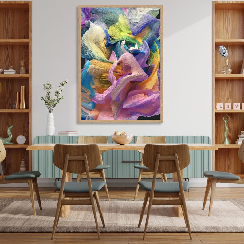 May include: Abstract art print featuring swirling, colorful brushstrokes in shades of pink, yellow, blue, and green. The artwork is framed in a natural wood frame.