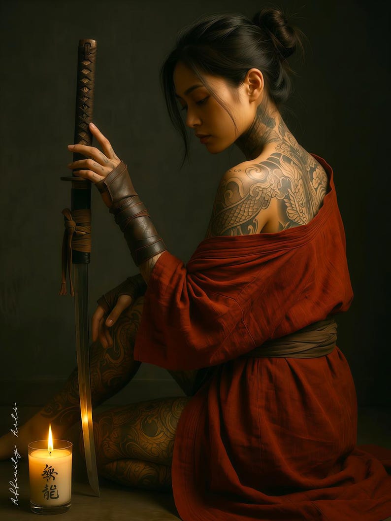 Samurai Woman Art Print – Red Kimono Warrior Katana Japandi Wall Decor ...