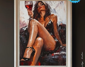 Impresión artística de Glamour Girl: Mujer seductora con vino (Descarga digital)