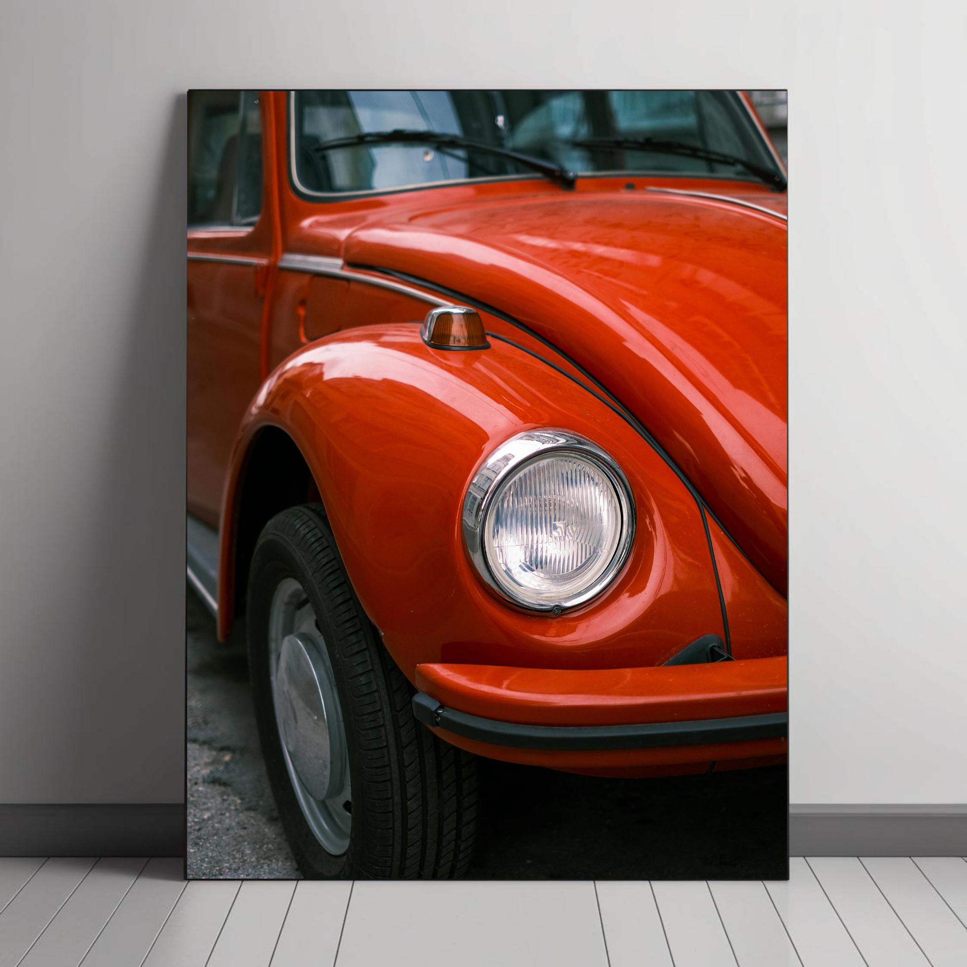 Vintage Red Volkswagen Beetle Close-Up - Retro Car Wall Art for Classic Auto Enthusiasts