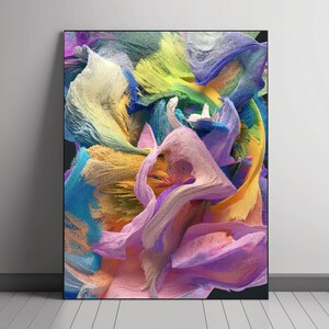 May include: Abstract painting with swirling, colorful brushstrokes in shades of blue, yellow, pink, and purple.
