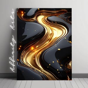 Black and Gold Abstract Wall Art - Digital Download Modern Luxury Fluid Painting - Molten Metallic Swirl Print