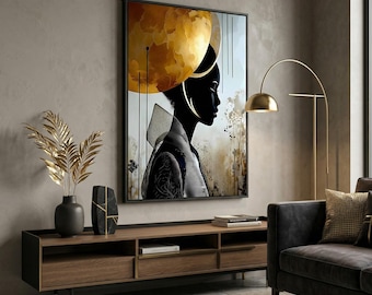 Black Woman Wall Art, Afrocentric Portrait Print, Gold Abstract Decor