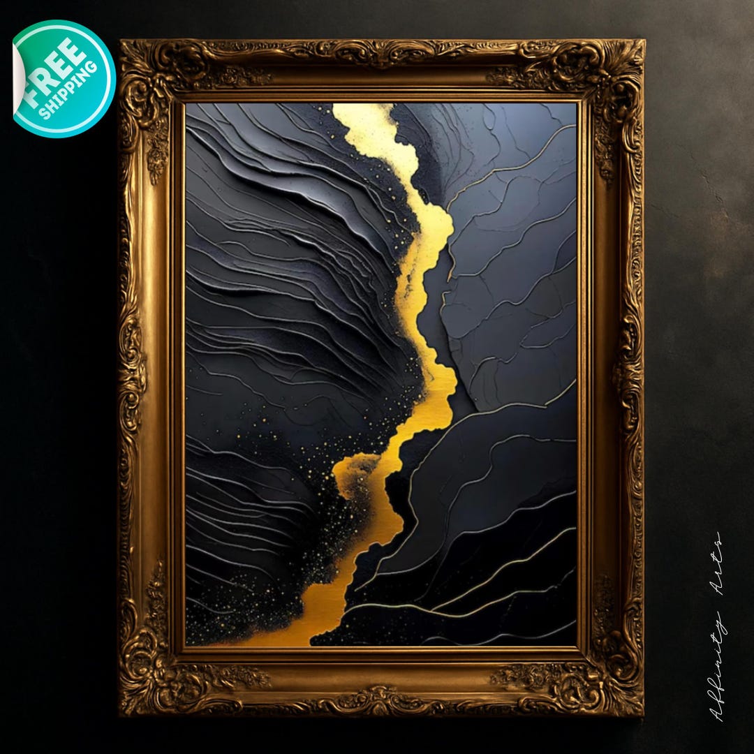 Black and Gold Abstract Canvas Art - Modern Textured Print - Etsy