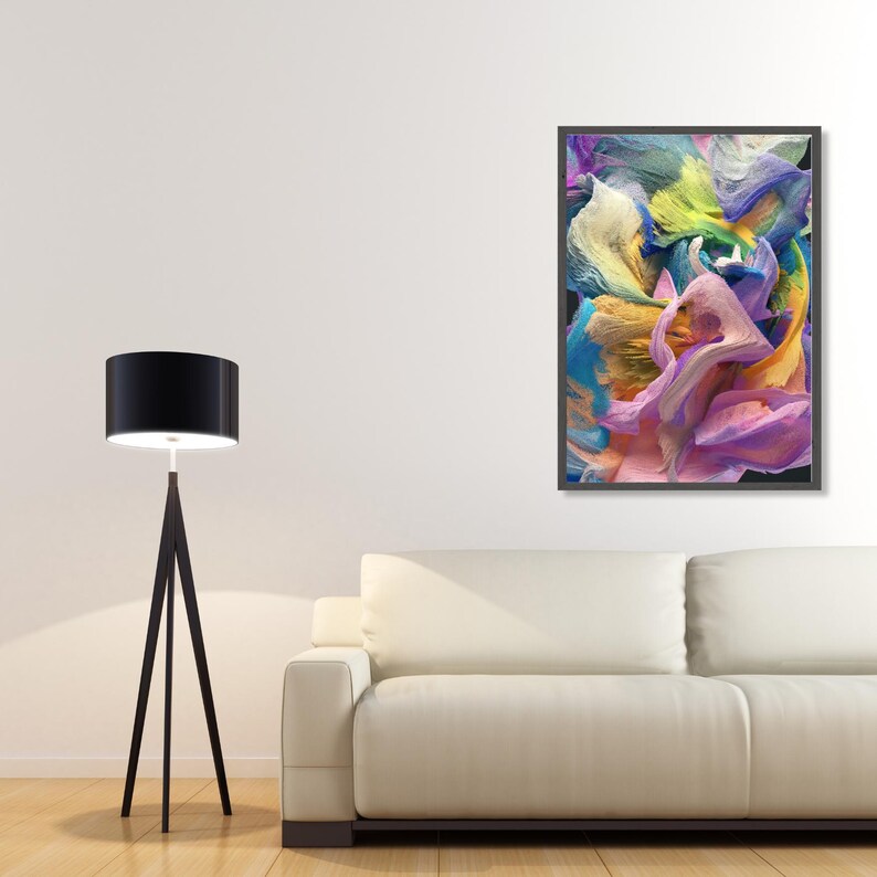 May include: Abstract art print with swirling colors of pink, blue, yellow, and green. The colors are blended together in a dynamic and energetic way.