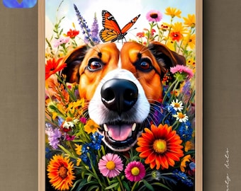 Arte imprimible con retrato floral de perro, decoración colorida de primavera para mascotas