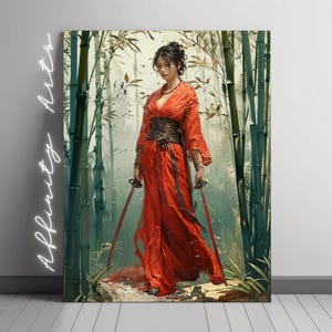 Stampa artistica di una donna samurai: kimono rosso, foresta di bambù (download digitale)