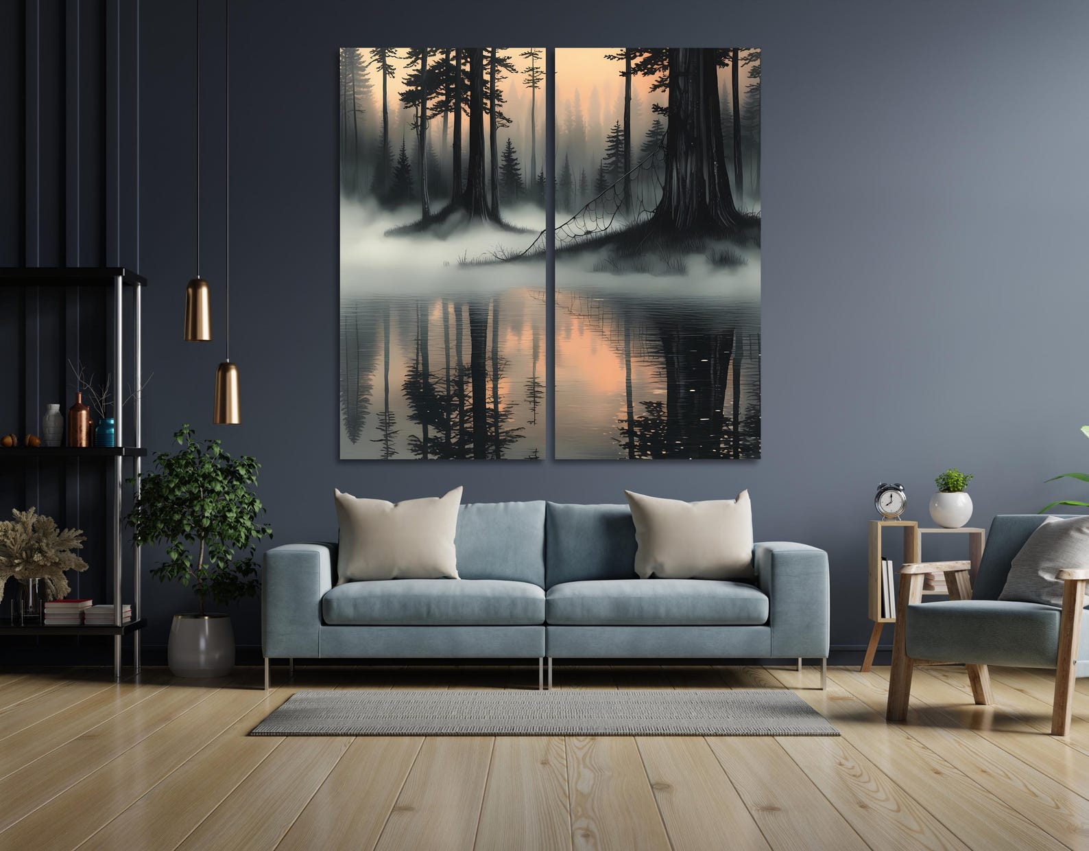 Misty Forest Lake Diptych Wall Art Print Canvas Set, Foggy Pine Tree ...