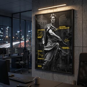 May include: A framed black and white print of a classical statue with architectural schematics and diagrams in yellow. The artwork hangs on a concrete wall in a modern office setting, illuminated by a warm light fixture.