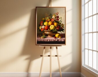 Lámina de naturaleza muerta con frutas y flores, decoración de pared vintage, obra de arte digital imprimible.