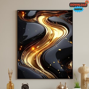 May include: Abstract art print featuring a flowing design in black and gold. The artwork has a glossy finish with a dynamic, fluid pattern. The print is framed and ready to hang, adding a touch of modern elegance to any space.