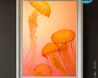 Golden Jellyfish Wall Art - Vibrant Ocean Print for Coastal Decor
