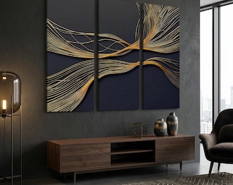 Black and Gold Triptych Wall Art, Abstract Line Print, Modern Luxury Decor