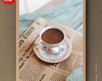 Vintage Coffee Cup Wall Art, Floral Teacup Print, Elegant Newspaper Background Decor