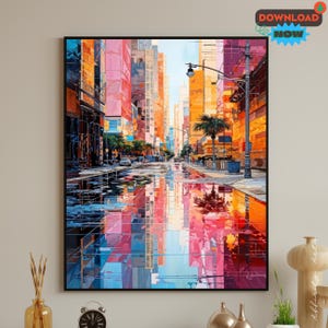 Colorful City Street Reflection Wall Art – Modern Urban Digital Painting, Neon Cityscape Printable Artwork