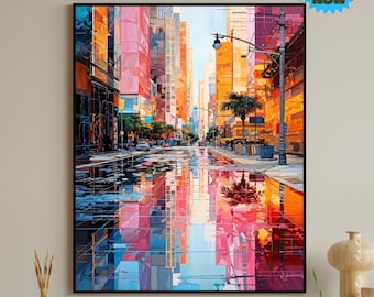 Colorful City Street Reflection Wall Art – Modern Urban Digital Painting, Neon Cityscape Printable Artwork