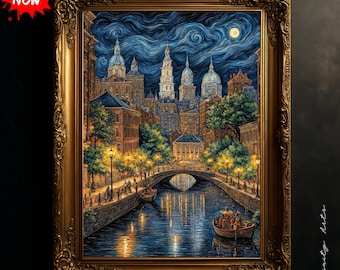 Starry Night Amsterdam Canal Wall Art, Van Gogh Style Cityscape Printable Download
