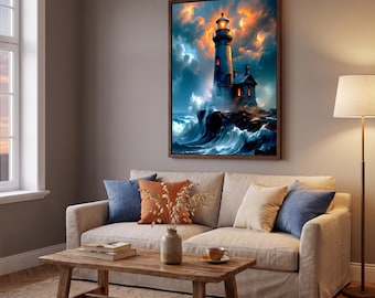 Lighthouse Wall Art, Stormy Ocean Seascape Canvas Print, Nautical Decor