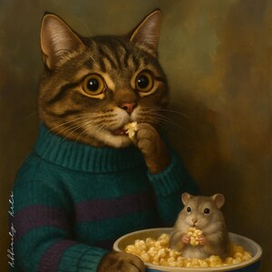 Puede incluir: Un retrato caprichoso de un gato atigrado con un su&eacute;ter verde azulado con rayas moradas, comiendo palomitas de ma&iacute;z de un cuenco azul y blanco. Un h&aacute;mster tambi&eacute;n est&aacute; en el cuenco, comiendo palomitas de ma&iacute;z. La obra de arte tiene un estilo pict&oacute;rico vintage.