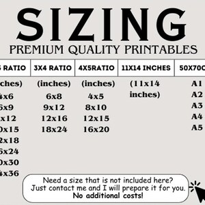 May include: A chart showing different print sizes for premium quality printables. The chart lists sizes in inches for 2x3, 3x4, and 4x5 ratios, as well as 11x14 inches. It also lists sizes in centimeters for A1, A2, A3, A4, and A5 paper.