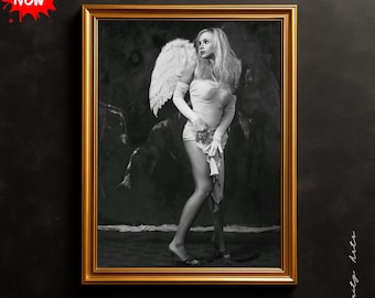 Impresión fotográfica monocromática de ángel: elegante arte mural en blanco y negro (descarga digital)