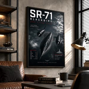 以下が含まれることがあります： 雲の中を飛行するSR-71ブラックバード航空機を描いた縦型の額入りポスター。テキストには「SR-71 BLACKBIRD」「SPEED ALTITUDE LEGEND」と記され、メートル法の技術仕様と「I FEEL THE NEED THE NEED FOR SPEED」という引用が含まれています。