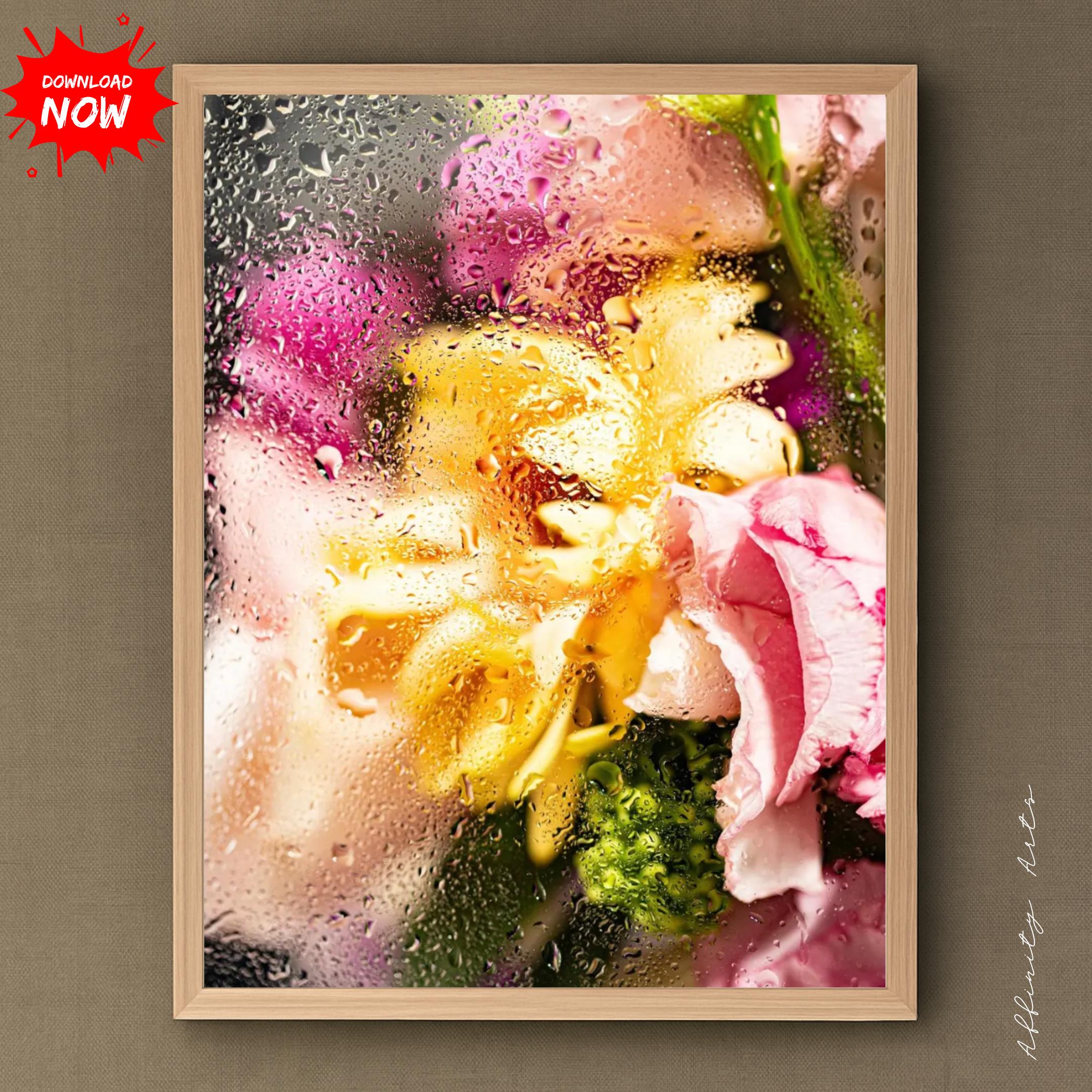 抽象的な花のデジタルアート - 雨のガラスの背後にある鮮やかな花、高