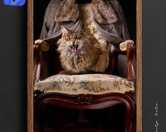 Lustige Katze druckbare Kunst, aristokratisches Vintage Haustierporträt, sofortiger digitaler Download
