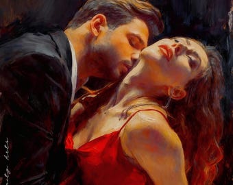 Romantic Couple Canvas Print, Red Dress Passion Wall Art, Elegant Home Decor