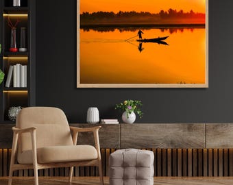 Fischer bei Sonnenuntergang Kunstdruck: Ruhige Flusslandschaft (Digitaler Download)