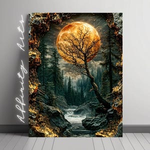 Arte digital de floresta mística - arte de parede de fantasia de lua brilhante e árvore, paisagem de natureza surreal para impressão, decoração de luar celestial