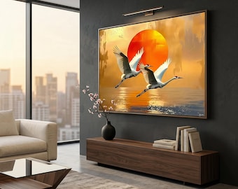 Crane Canvas Print: Japanese Sunset Bird Art, Zen Nature Decor