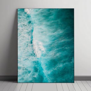 Ocean Waves Digital Art Print – Abstract Aerial View of Turquoise Sea Wall Art