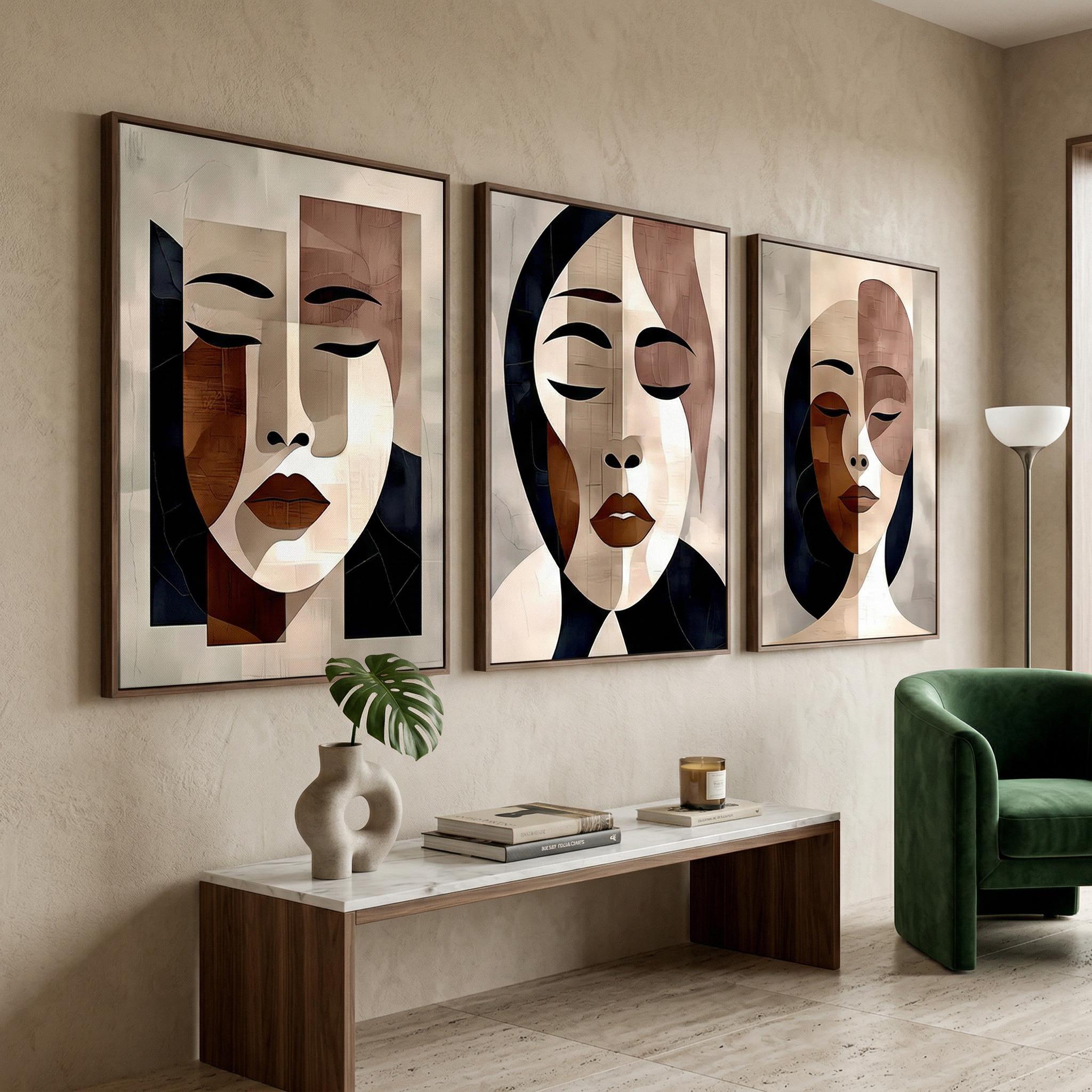Abstract Geometric Woman Face Triptych Wall Art – Terracotta Navy Ivory ...