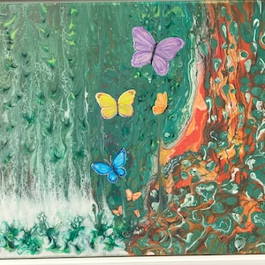 24”x18” Framed Original Painting on Canvas, Acrylic Pour Art, Wall Art, Modern Abstract Painting, Home Office Decor, Butterflies.