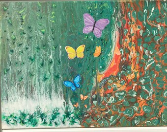 Framed Butterfly Acrylic Pour Painting, Original Abstract Art (24”x18”)