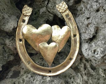 8th anniversary gift, bronze horseshoe with 3 hearts, bronze anniversary, 8 year anniversary, personalized gift, wedding gift, handmade gift