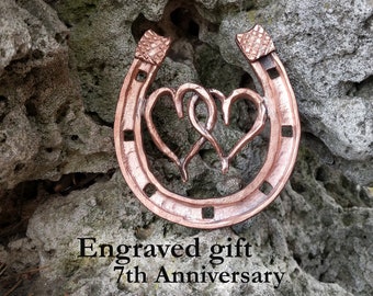 Copper horseshoe with hearts, copper wedding gift, copper anniversary, engraved gift, 7 year gift, 7th anniversary gift,personalized gift