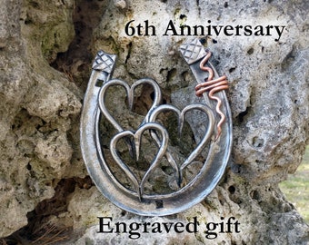 Forged horseshoe with hearts, 6th anniversary gift, iron anniversary, personalized gift, engraved gift, 6 year gifts, wedding anniversary