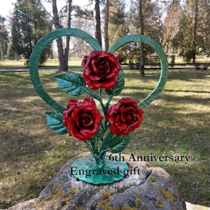 Forged heart with red roses, 6th anniversary gift, iron anniversary gifts, personalized iron gift, handmade heart, 6 year gift, wedding gift