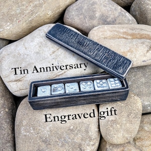 Tin anniversary gift, aluminum dice, 10 year anniversary gift,set of 6 aluminum dice in wooden box, handmade dice,tabletop gaming,board game