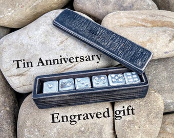 Tin anniversary gift, aluminum dice, 10 year anniversary gift,set of 6 aluminum dice in wooden box, handmade dice,tabletop gaming,board game
