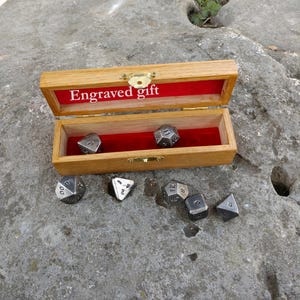 Stainless Steel dice, set of 7 dice in wooden box, d20, d10, d12, d8, d6,d4,d00, board games, DnD dice, tabletop gaming, handmade dice