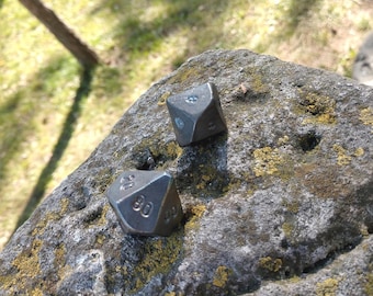 Può includere: Due dadi poliedrici in metallo grigio scuro con numeri incisi. Un dado è una forma a dieci facce che mostra il numero 80, l'altro è un dado a quattro facce. I dadi hanno una finitura opaca e sono posizionati su una pietra grigia ricoperta di muschio.