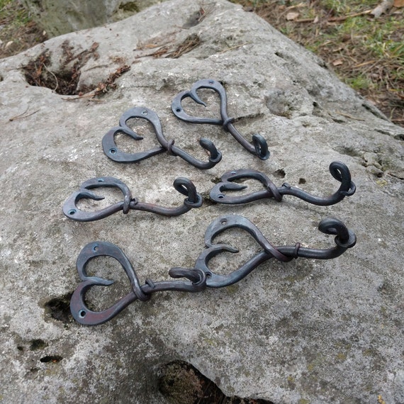 Hand Forged Hooks, Set of 6 Hangers Coats Hearts, Clothes Hooks
