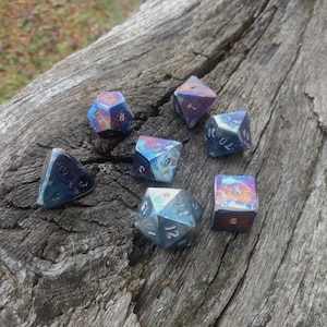 DnD dice, hand forged titanium dice, set of 7 titanium dices, d4, d6, d8, d10, d12, d20, d00, titanium dices, board games, tabletop gaming